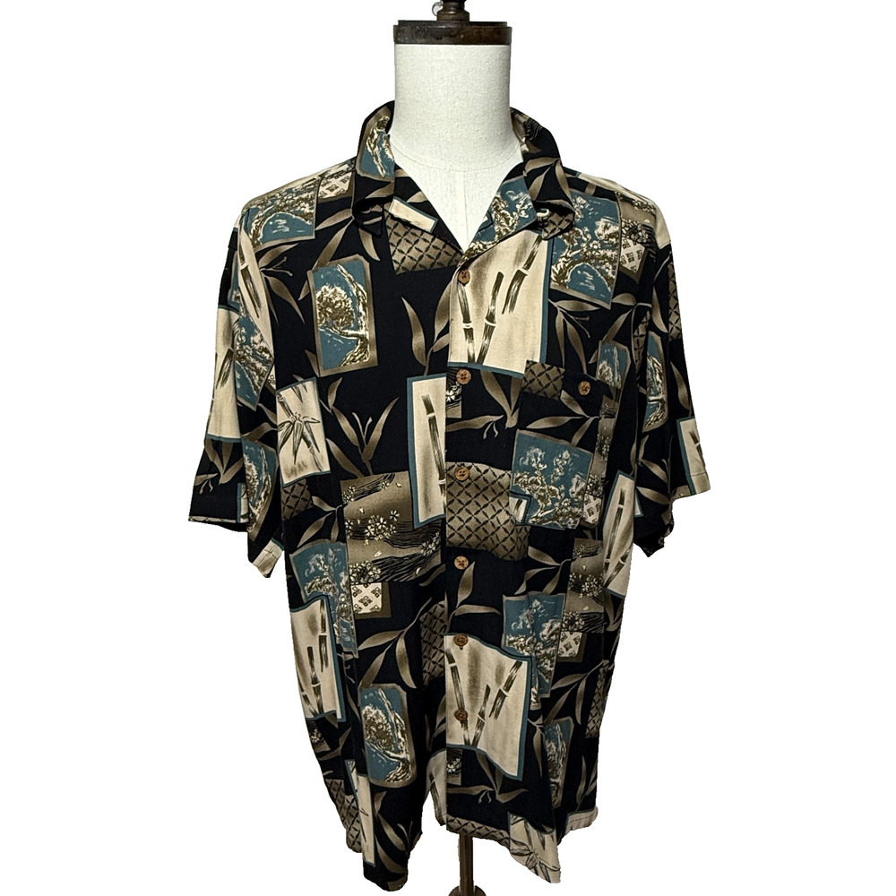 Boca Classics Shirt Mens Large Black Tan Hawaiian Silk Loop Collar Beachy Resort
